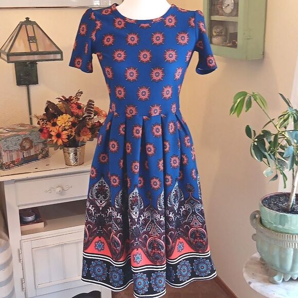 LuLaRoe Blue and Red Patterned Amelia Dress - Picture 1 of 11
